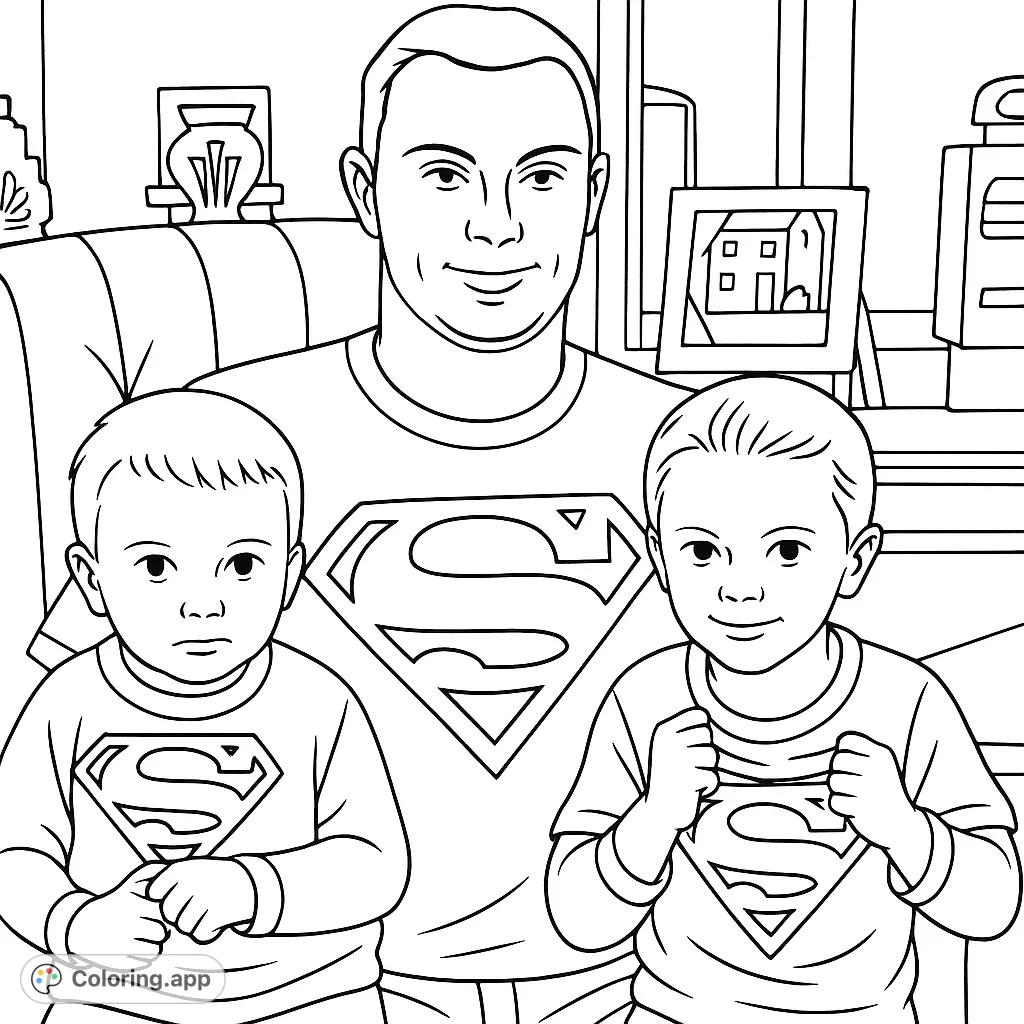 A heartwarming superhero family portrait featuring a father and two sons proudly displaying their iconic shield logos. Perfect for fans of all ages!