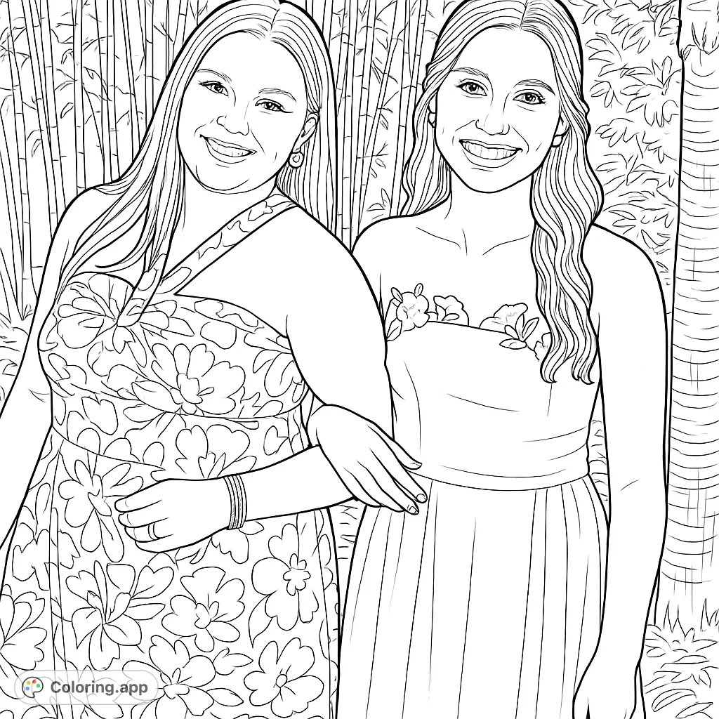 A delightful coloring page featuring two smiling young women in patterned dresses, standing arm-in-arm against a bamboo backdrop.