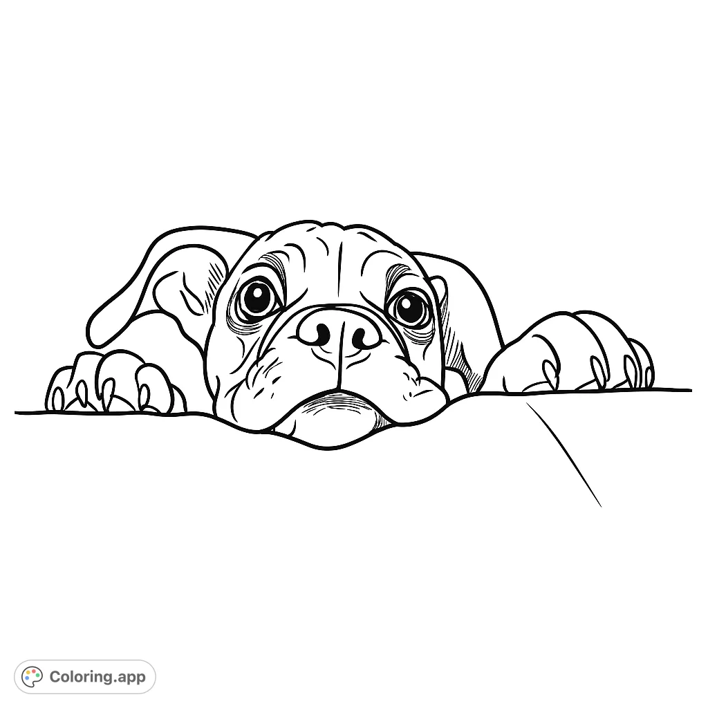 An adorable Boxer puppy peeking over a surface, ready for a splash of color. This charming dog coloring page is perfect for all ages, offering a delightful and engaging experience.