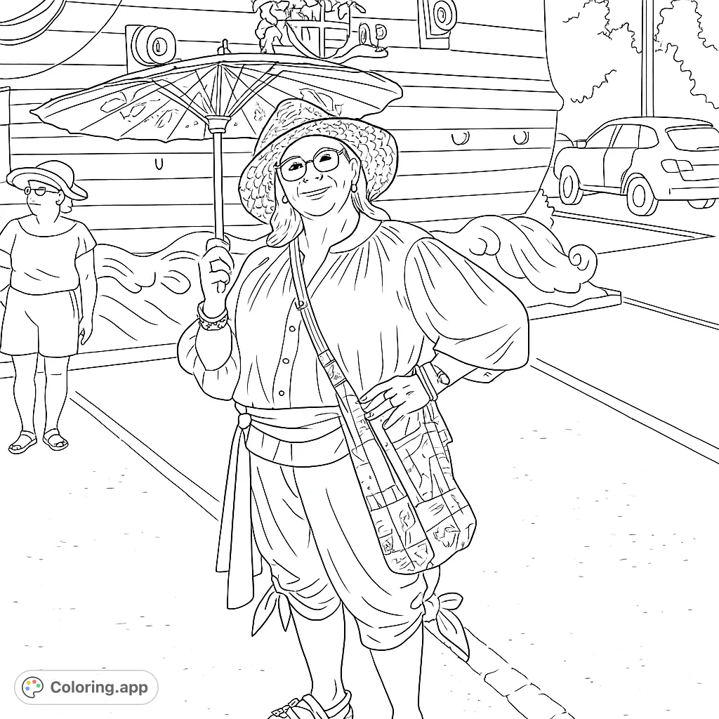 Embark on a pirate adventure! Color a detailed captain with a parasol, standing before a grand ship facade.