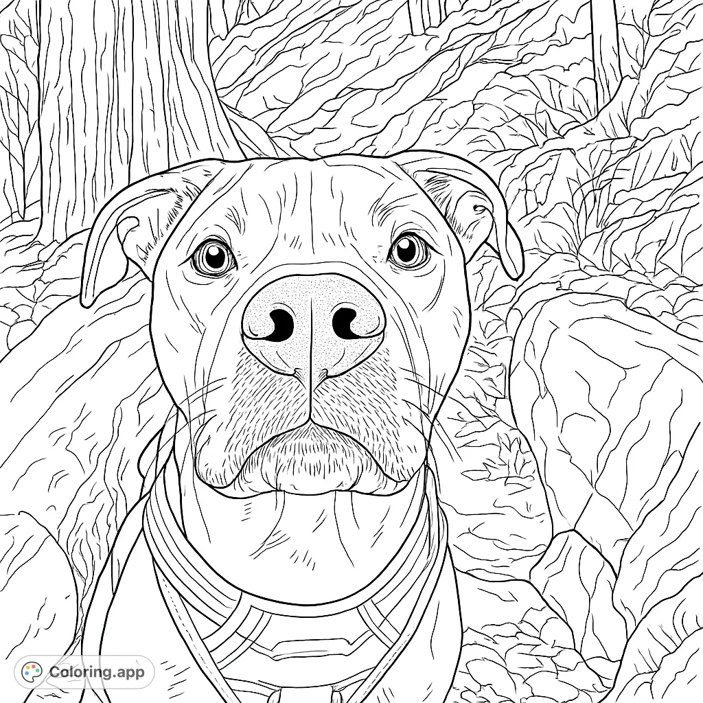A charming close-up of a friendly dog in a harness, ready for adventure. Perfect for dog lovers to color and personalize with vibrant hues.