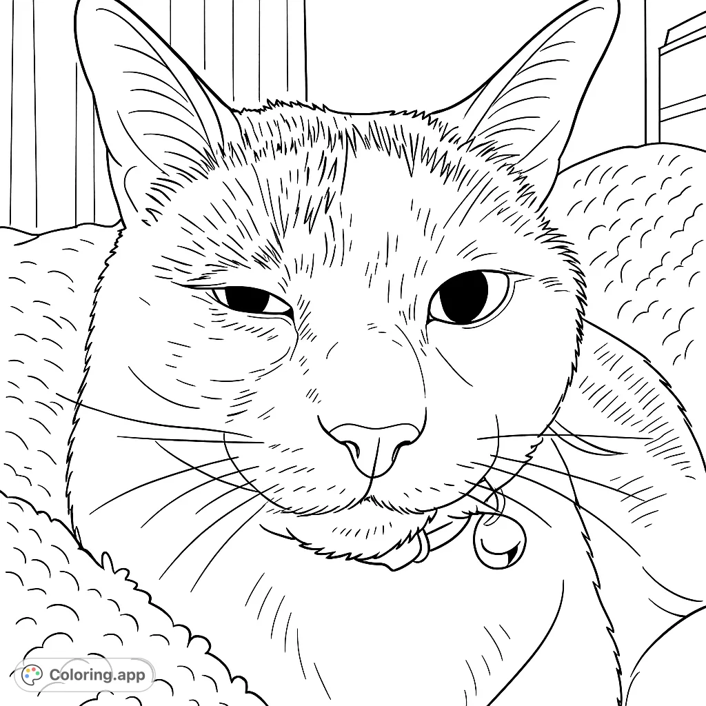 A charming winking cat portrait, perfect for a relaxing coloring session. Features detailed fur, expressive eyes, and a cute bell collar.