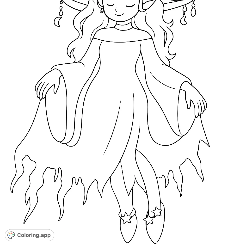 A magical mushroom fairy with a spotted hat and flowing dress, perfect for whimsical coloring adventures. Bring this enchanting spirit to life!