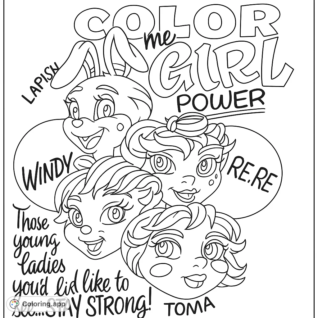 An empowering cartoon faces coloring page featuring four unique, stylized characters with bold outlines, perfect for creative expression and fun.