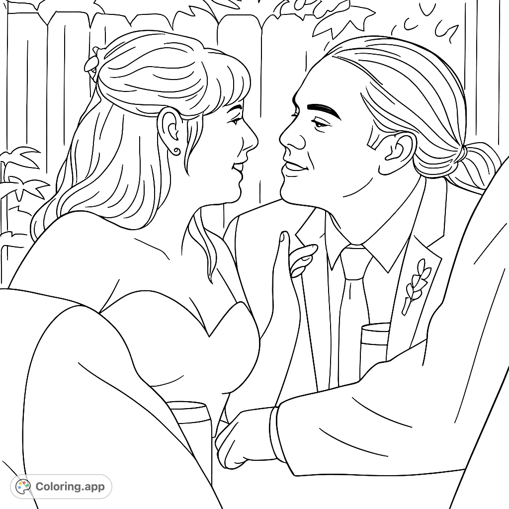 Capture a romantic moment with this elegant couple coloring page. Features a woman in a strapless gown and a man in a suit with a red tie, perfect for love themes.