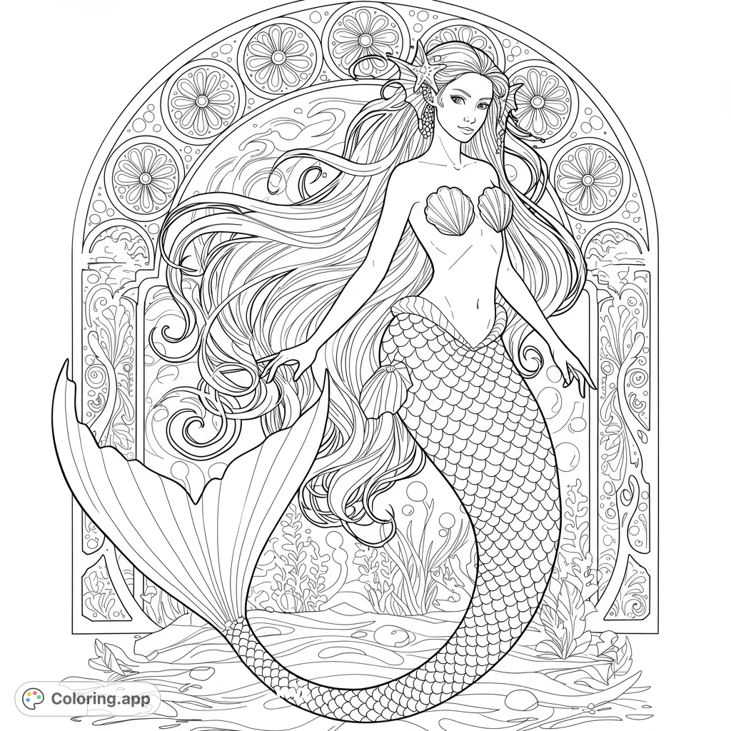 An elegant Art Nouveau mermaid coloring page featuring intricate filigree trim and flowing aquatic details, perfect for a relaxing creative escape.