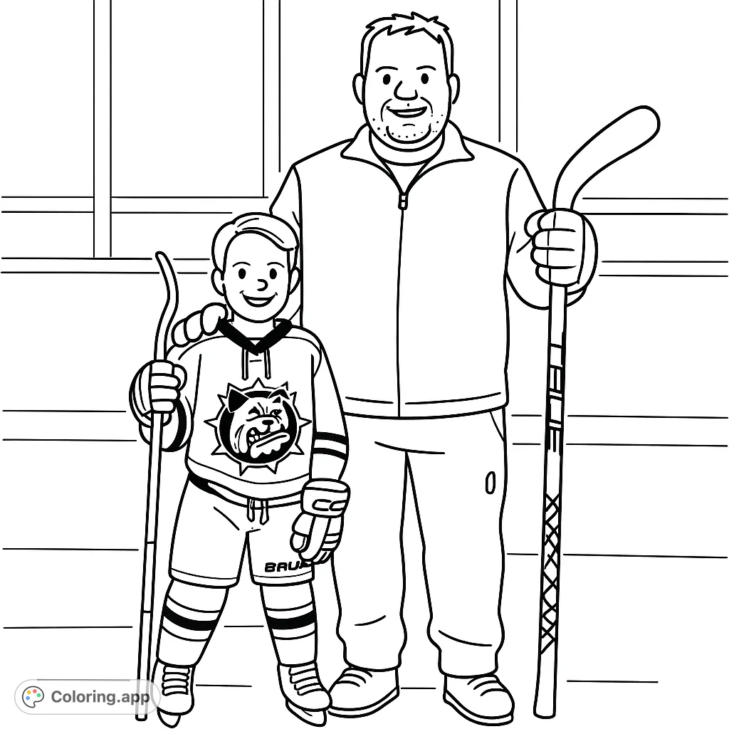A fun hockey coloring page featuring a young player and an adult mentor on the ice, ready for action. Perfect for sports fans!