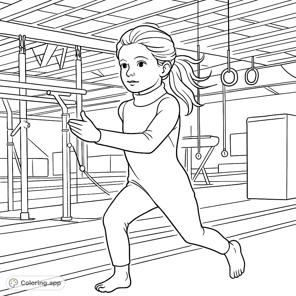 A dynamic gymnastics coloring page featuring a young girl mid-run in a gym, surrounded by equipment. Perfect for active kids and sports enthusiasts.