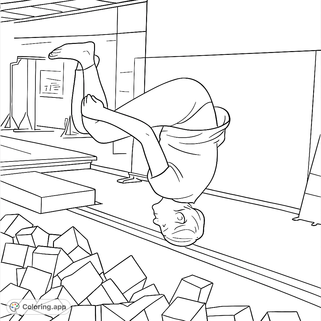 Capture the excitement of a gymnast mid-somersault over a foam pit. This dynamic line art features a person upside down, ready for vibrant colors.