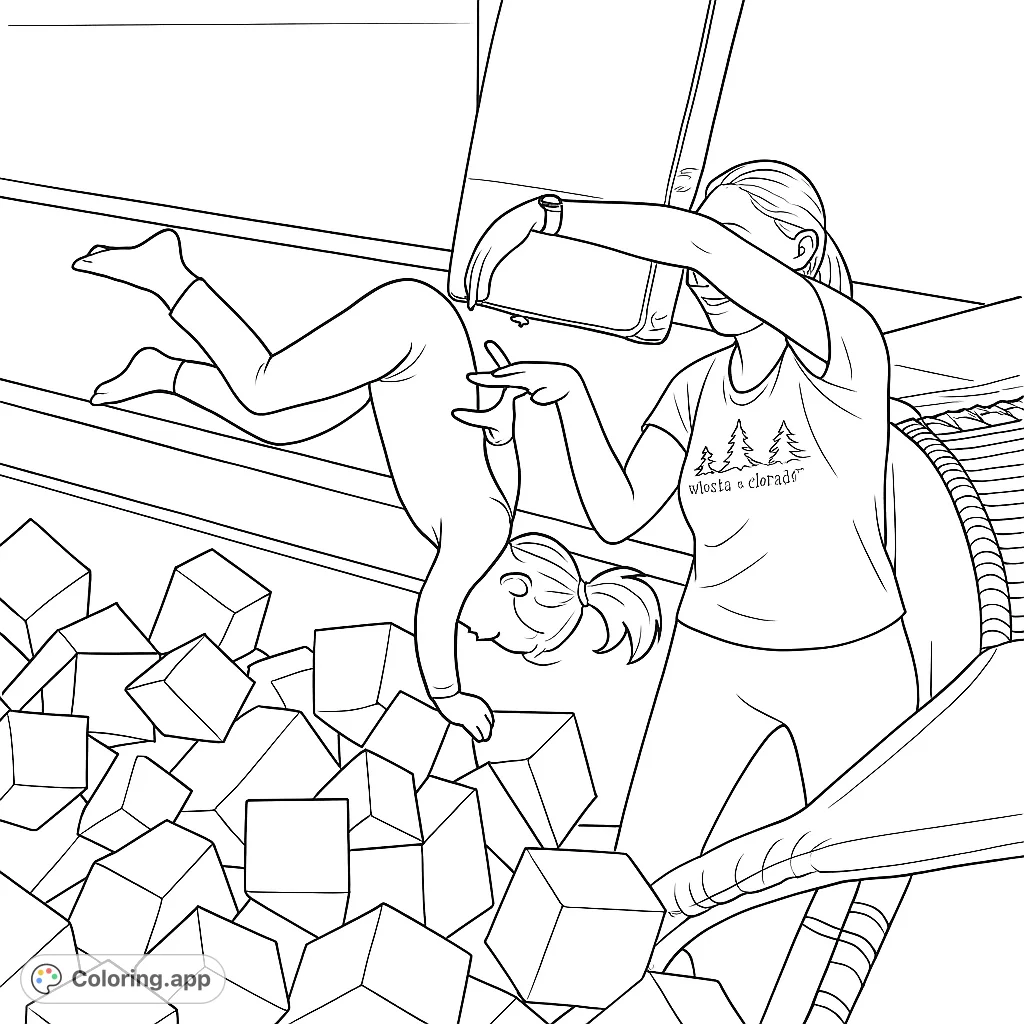 Dynamic gymnastics scene with a child tumbling into a foam pit, cheered on by an adult. Perfect for an active gymnastics coloring page.