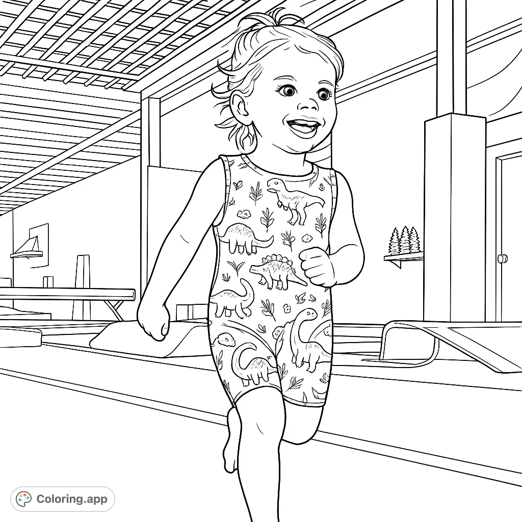 A happy child in a dinosaur romper runs on a gym mat, surrounded by detailed gym equipment and a textured ceiling. Perfect for active kids!