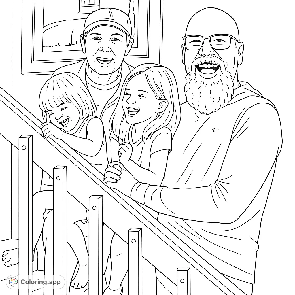 A joyful family moment with two adults and two laughing children on a wooden staircase, perfect for a family coloring page.
