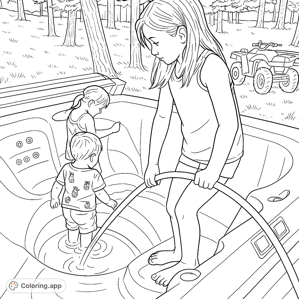 Three children enjoy filling an outdoor hot tub, with one holding a hose and two splashing in the water. A fun summer scene for coloring.