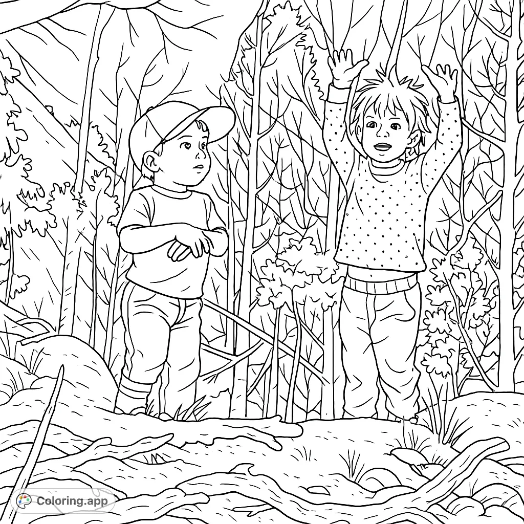 Two playful children explore a rocky mountain landscape with trees. A fun outdoor adventure coloring page for all ages.