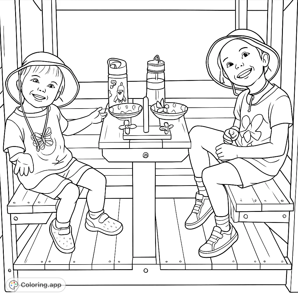 Two happy children play at a wooden toy kitchen, complete with a sink, bowls, and bottles. A charming scene for creative coloring fun.