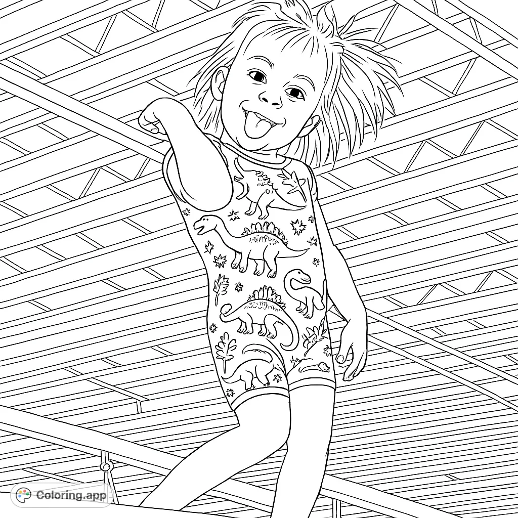A joyful child in a dinosaur-patterned leotard stands playfully on a balance beam. Perfect for young dinosaur fans and aspiring gymnasts!