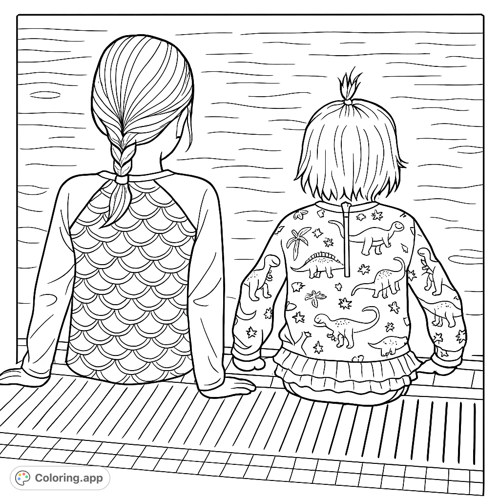 Two children, one in mermaid scales, one in dinosaurs, sit by a pool. A fun, detailed scene for kids to color, celebrating friendship and imagination.