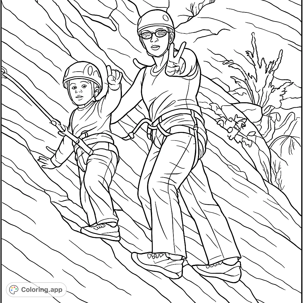 An exciting rock climbing coloring page featuring an adult and child on a textured rock face, perfect for adventure enthusiasts of all ages.