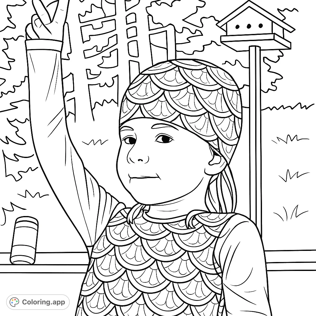 A delightful mermaid-themed coloring page featuring a child in a scale-patterned swim outfit, arm raised, with a birdhouse and trees in the background.