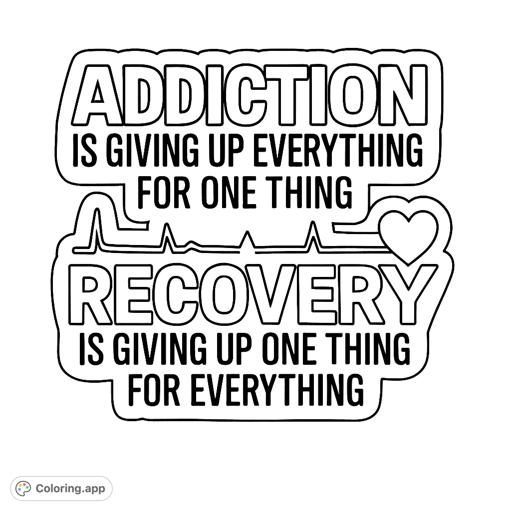 A powerful Addiction Recovery coloring page featuring bold outlined text, a heartbeat line, and a heart, perfect for reflection and inspiration.