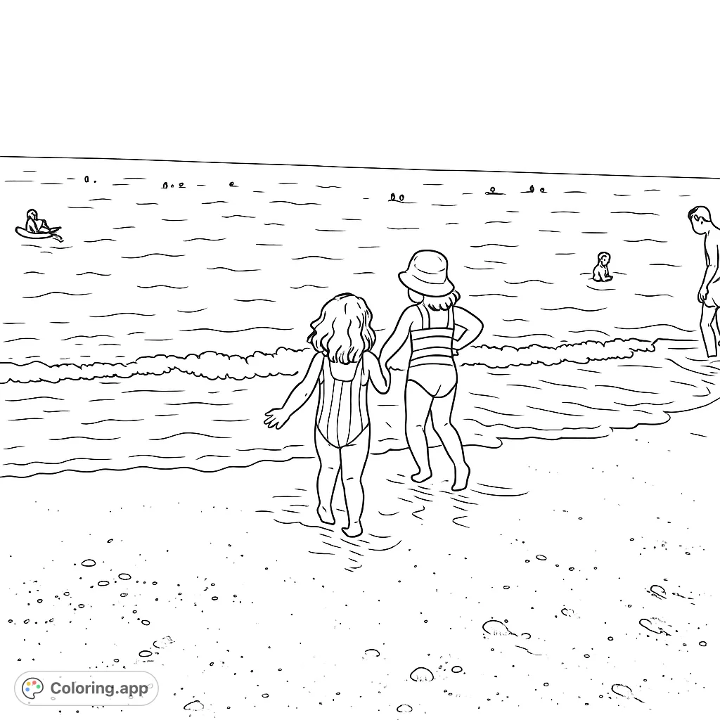 A delightful beach scene featuring two children wading into the ocean, with gentle waves and distant swimmers. Perfect for a relaxing summer coloring activity.