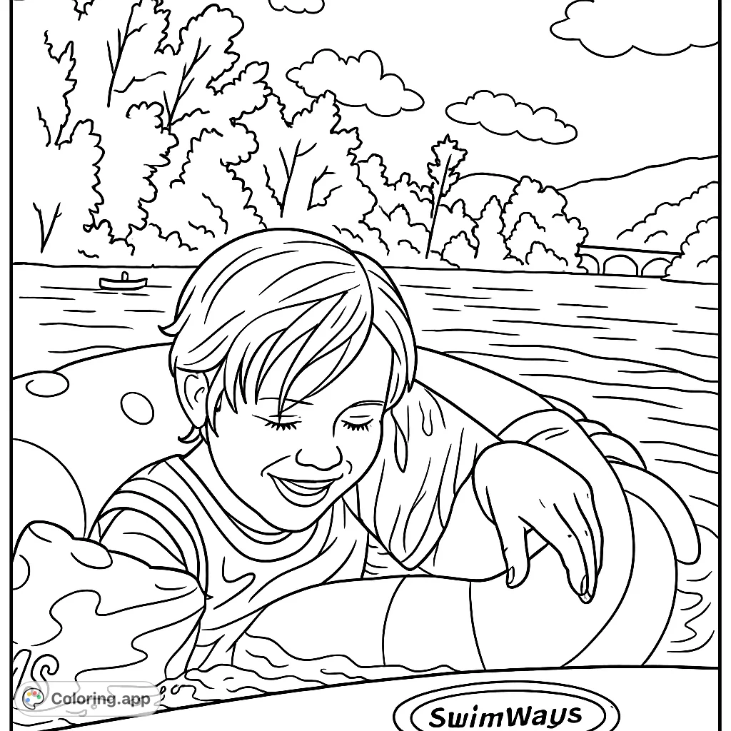 A joyful child floats in a river, surrounded by nature. This river adventure coloring page is perfect for a relaxing summer coloring experience.