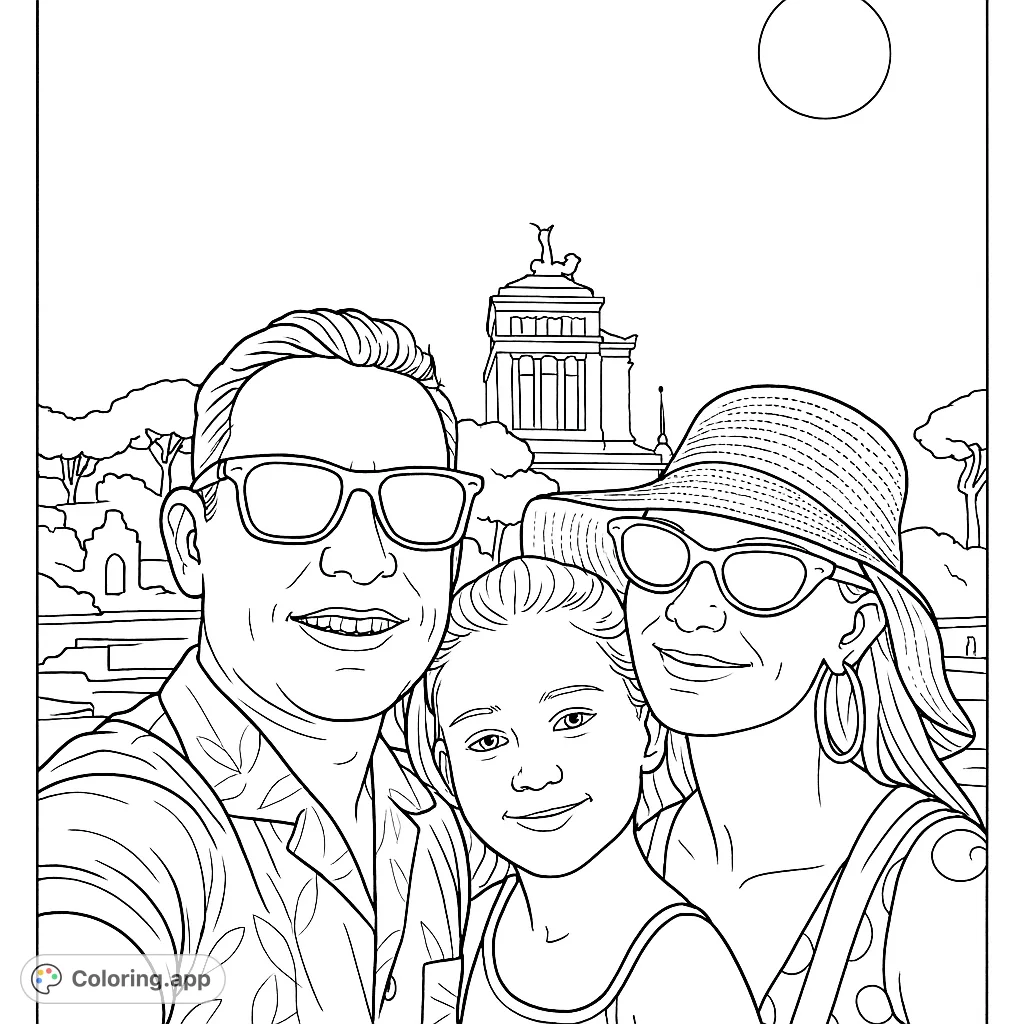 Capture a happy family moment in front of a grand monument. A delightful travel-themed coloring page for all ages.