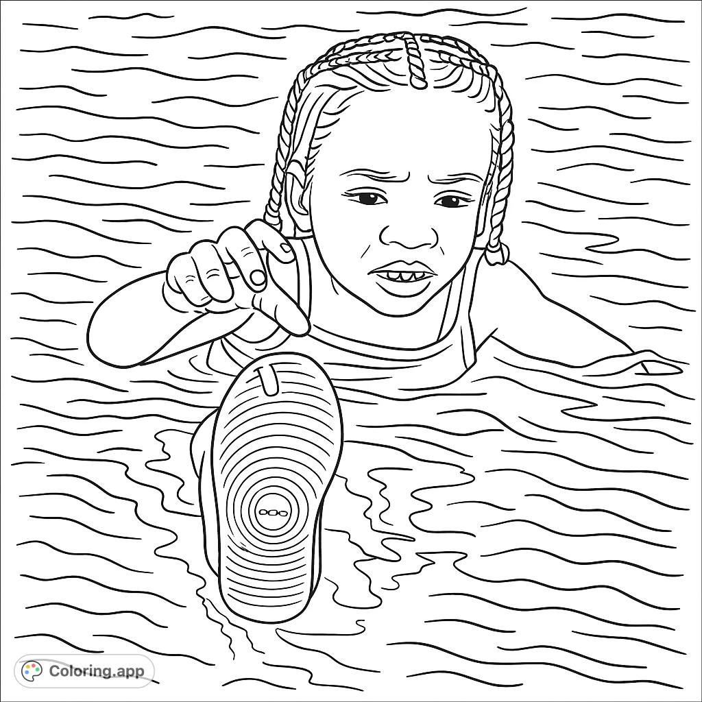 A joyful child splashing in water, with a foot visible, perfect for a fun summer coloring activity. Capture the essence of water play!