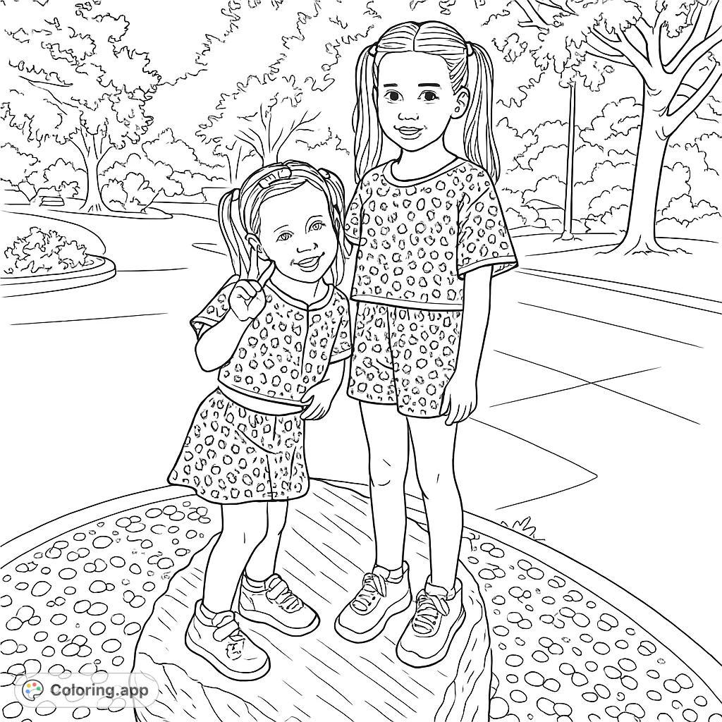 Two cheerful girls in leopard print outfits pose on a large rock, ready for a fun coloring adventure. Perfect for kids and adults!