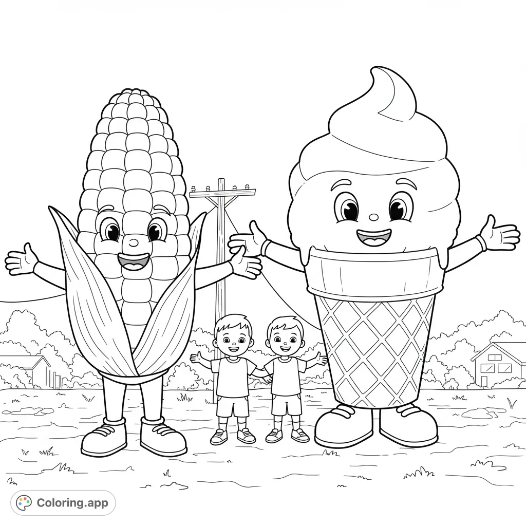 A fun mascot coloring page featuring a giant ice cream cone and corn mascot with two boys, perfect for a free printable coloring page adventure!