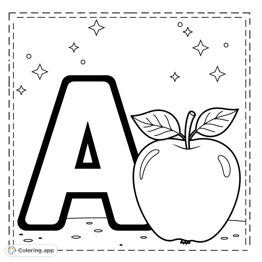 A charming black and white line drawing featuring a bold letter 'A' and a ripe apple, perfect for learning and creative coloring.