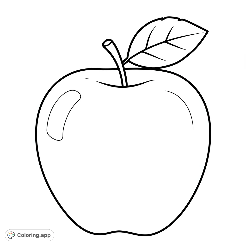 A delightful, simple apple coloring page, perfect for young learners and quick relaxation. Features a crisp, clean outline of a single apple with a stem and leaf.