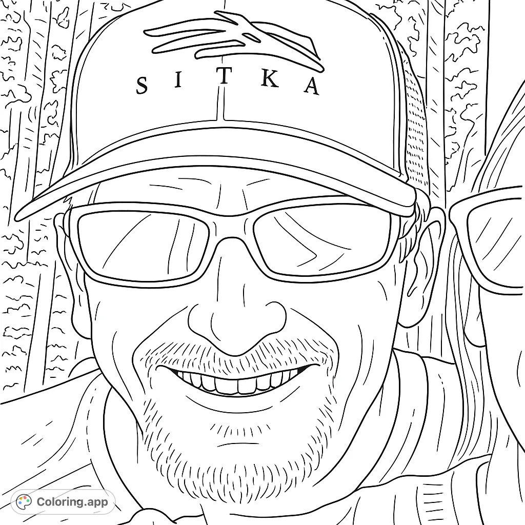 A smiling man in a baseball cap and sunglasses, perfect for a personalized portrait coloring page. Features a goatee and outdoor background.