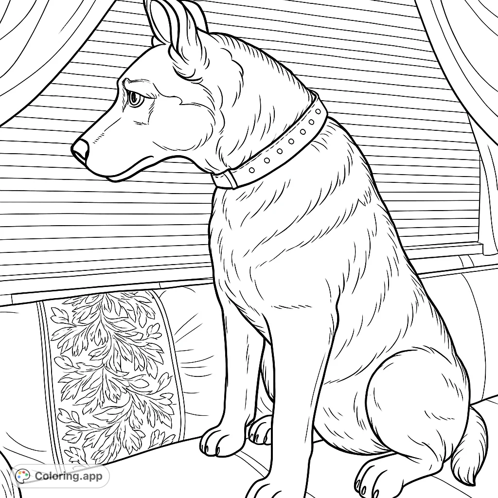 Color a loyal German Shepherd dog sitting on a couch, featuring a studded collar and a patterned pillow. Perfect for dog lovers!