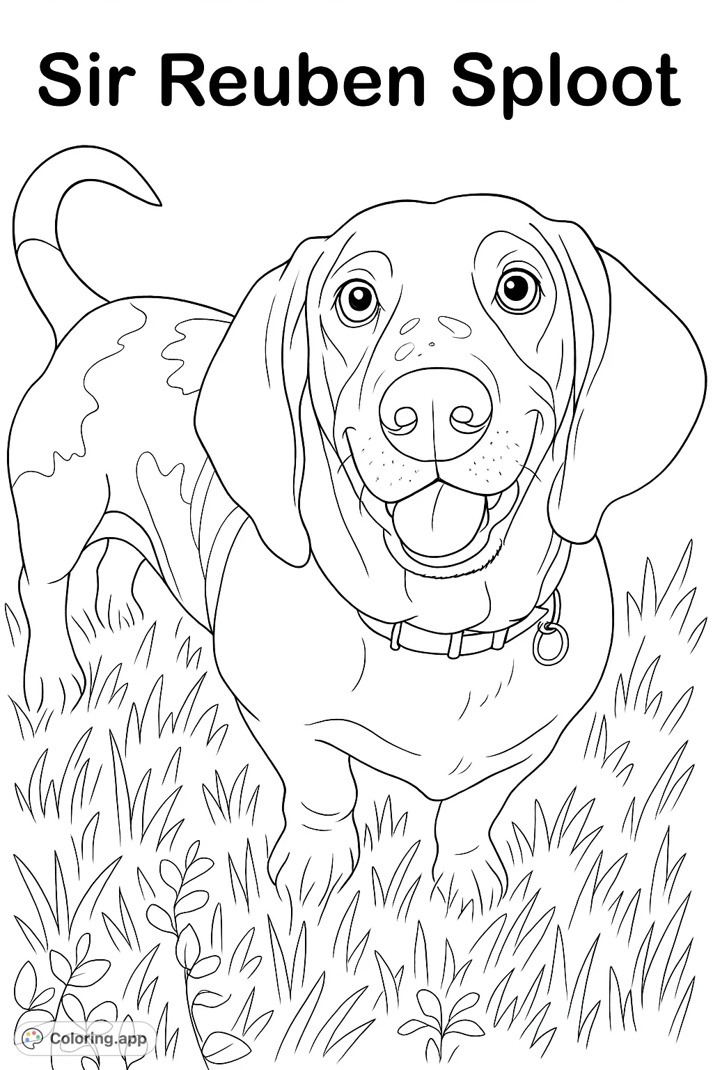 A charming Basset Hound stands playfully in a grassy field, ready for a splash of color. Perfect for dog lovers and a fun, engaging coloring experience.