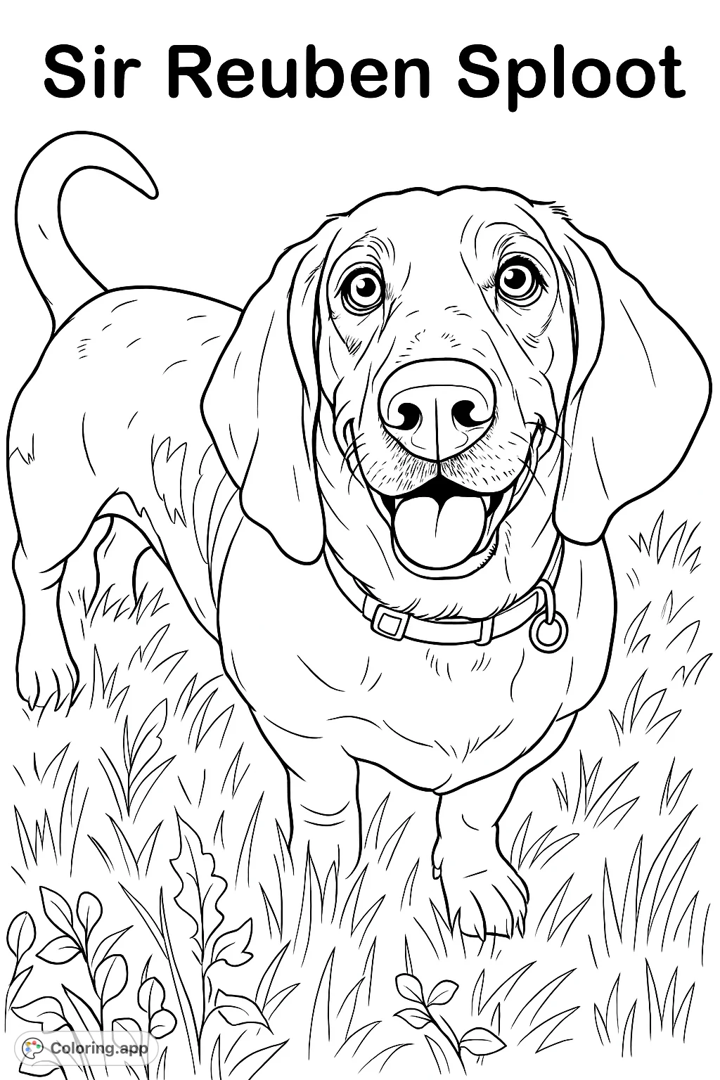 A charming basset hound coloring page, perfect for dog lovers. Features a friendly pup with long ears and unique markings, set in a grassy outdoor scene.