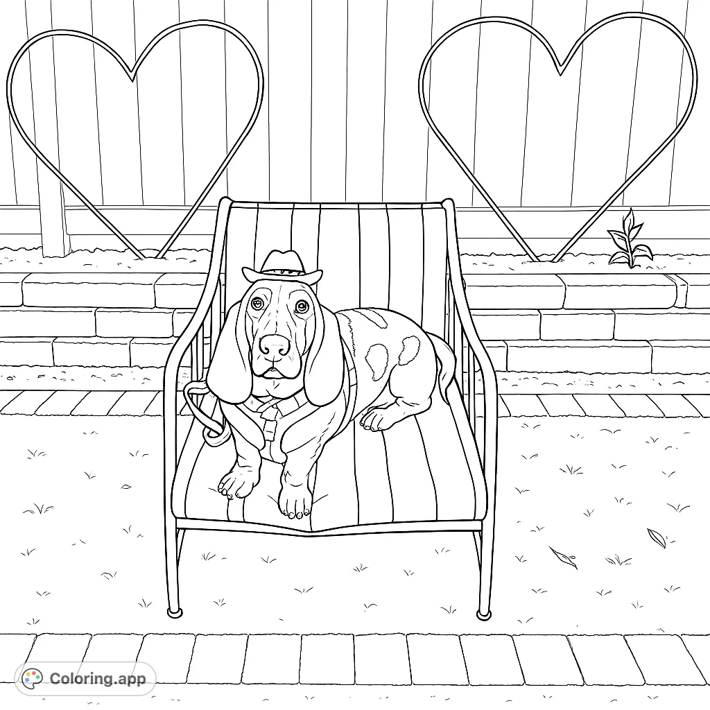 A charming basset hound in a tiny cowboy hat sits on a striped chair, framed by heart shapes. A delightful and whimsical scene for all ages to color.