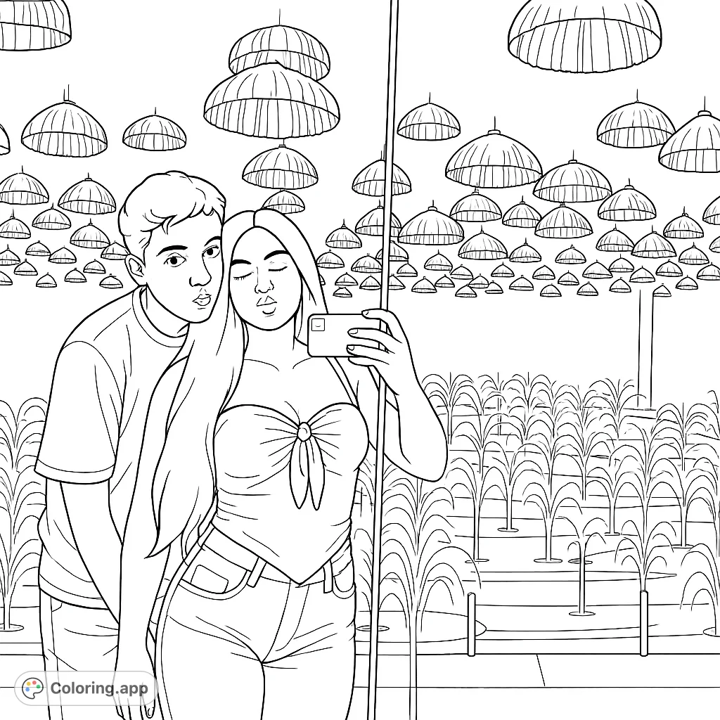 Color a couple surrounded by a mesmerizing luminous display of glowing jellyfish-like umbrellas and sparkling light fountains in a reflective room.