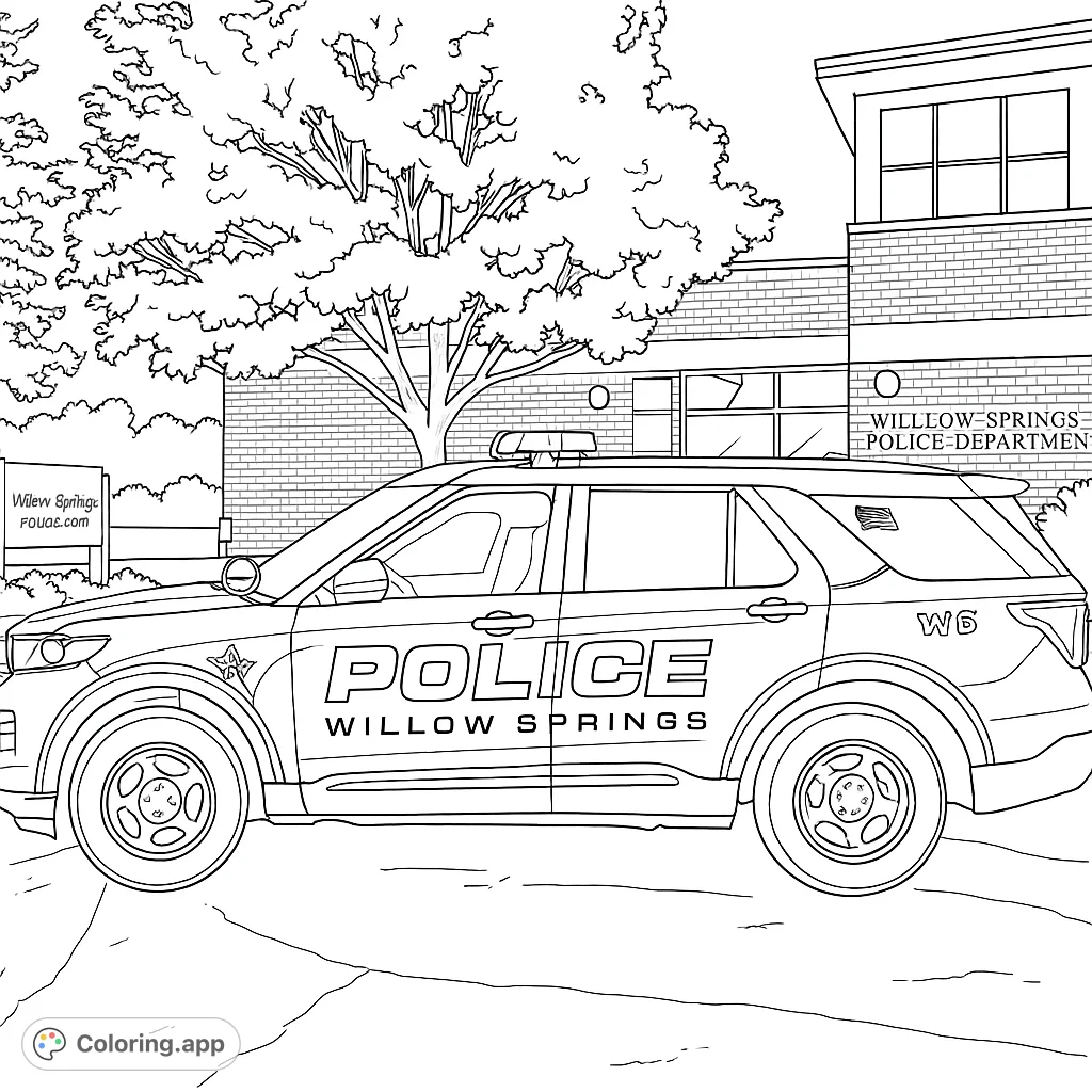 Color a detailed police SUV parked outside a police station, featuring bold lines for the vehicle, building, and surrounding nature.