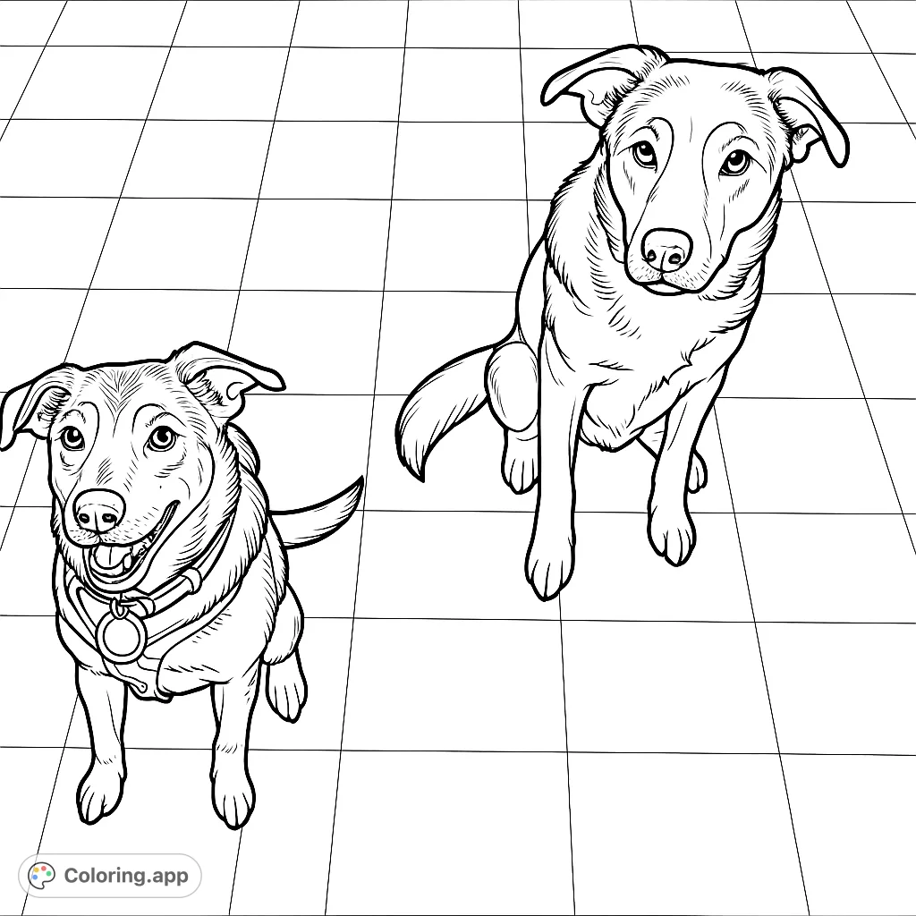 A charming dog coloring page featuring two friendly canines sitting attentively on a tiled floor, ready for your creative colors.
