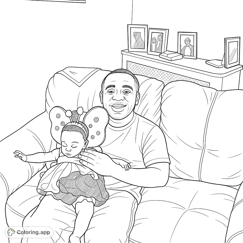 A heartwarming scene of a father holding his child in a charming costume on a cozy couch. Perfect for celebrating family bonds and creative expression.