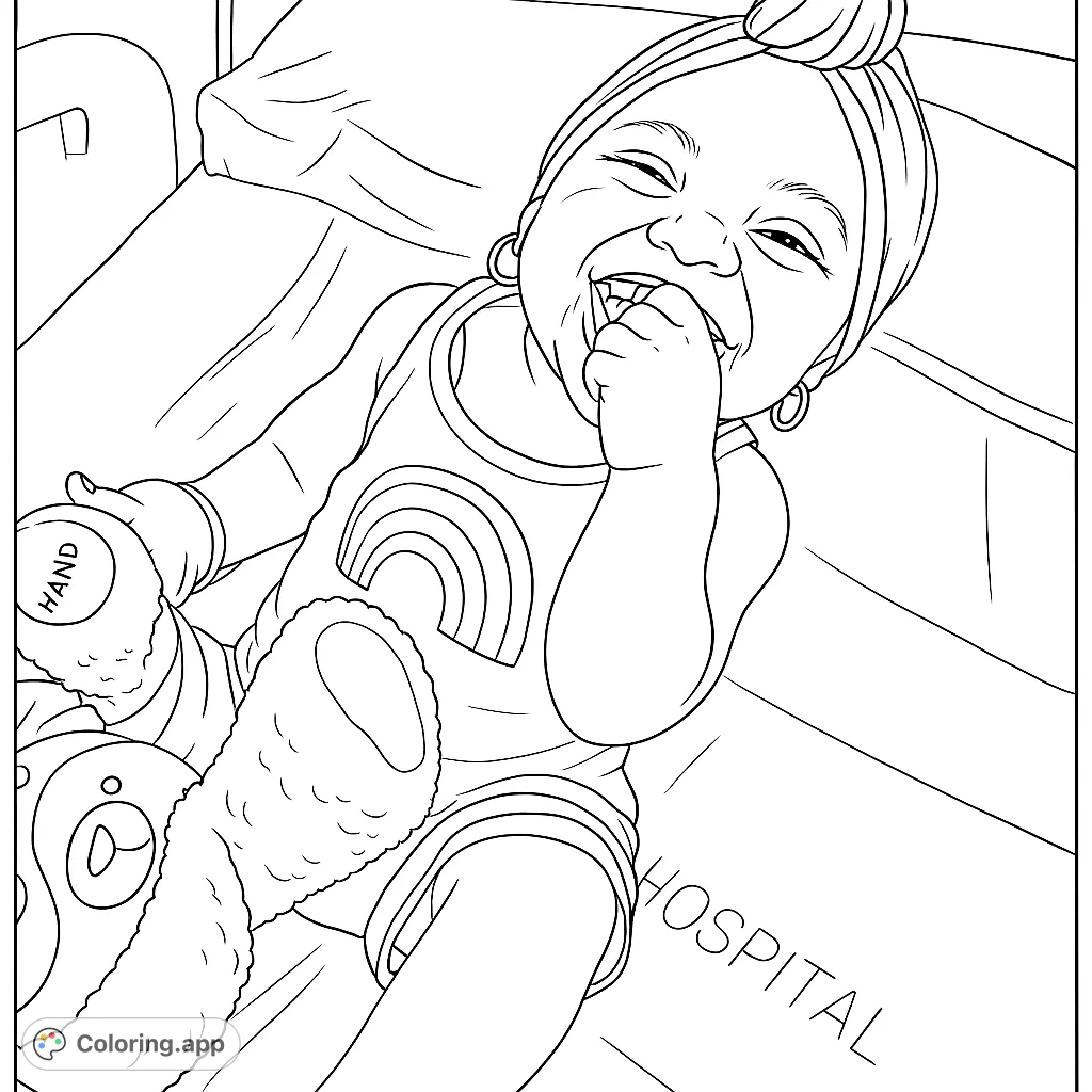 A joyful baby with a headwrap and rainbow shirt, sitting with a plush toy. A delightful baby coloring page for all ages.