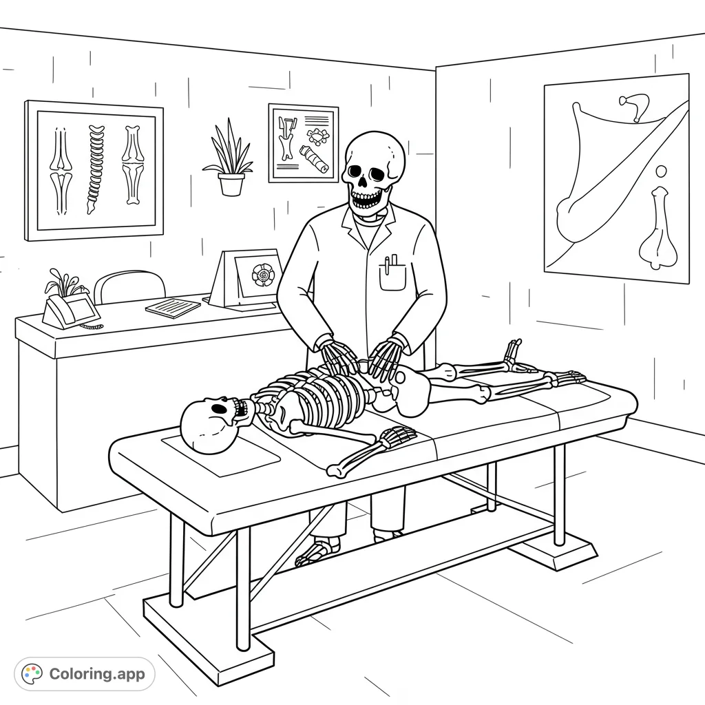 A friendly skeleton chiropractor adjusts a patient's spine in a clean office, perfect for a unique and educational coloring experience.