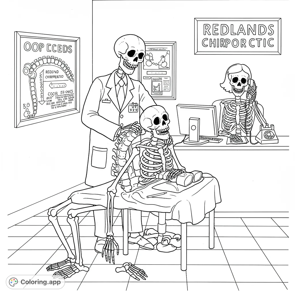 A funny skeleton chiropractor coloring page featuring a spinal adjustment, a receptionist, and a clinic setting, perfect for a unique and humorous coloring experience.