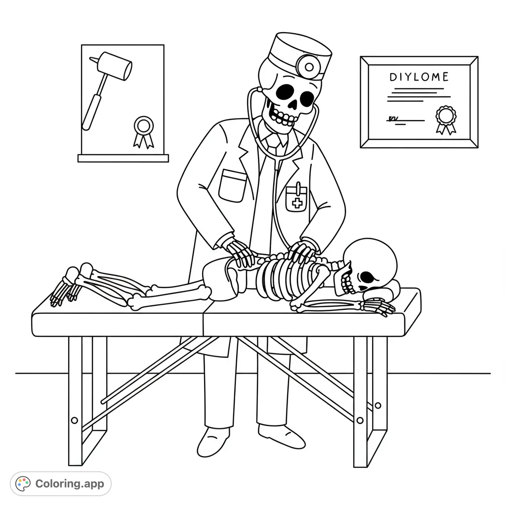 A humorous skeleton doctor adjusts a patient skeleton's back. A funny, unique skeleton coloring page for adults and teens.