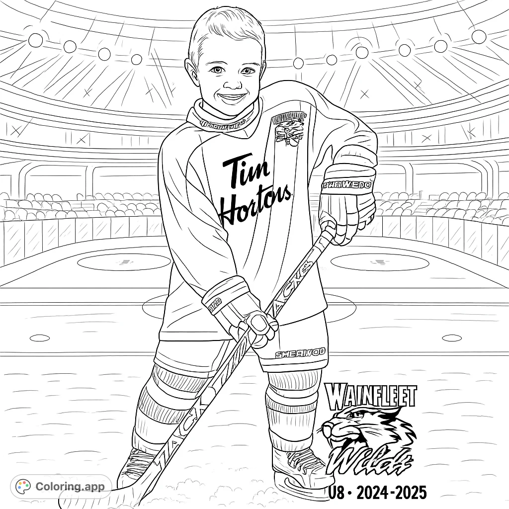 A cheerful young hockey player in full gear stands on an ice rink, ready for action. Perfect for sports fans and aspiring athletes to color!