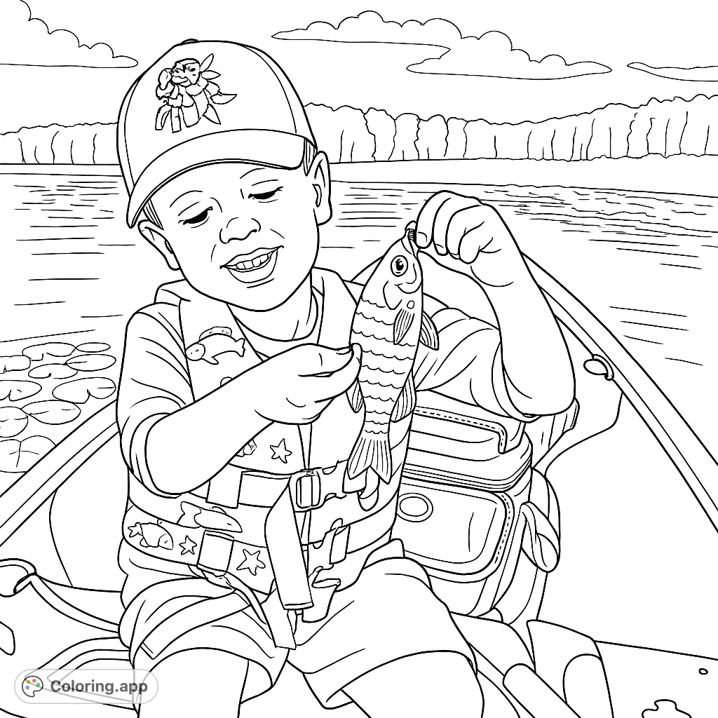 A proud young boy in a canoe holds his first fish catch on a serene lake with lily pads and a distant treeline, perfect for a fishing adventure coloring page.