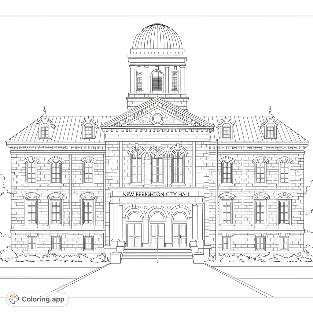 A detailed New Brighton City Hall coloring page, featuring its distinct architecture with clean lines and balanced spaces for a relaxing coloring experience.