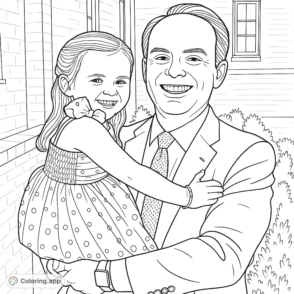 A heartwarming father-daughter moment, perfect for coloring. Features a smiling man holding a happy girl in a confetti dress, set against a simple background.