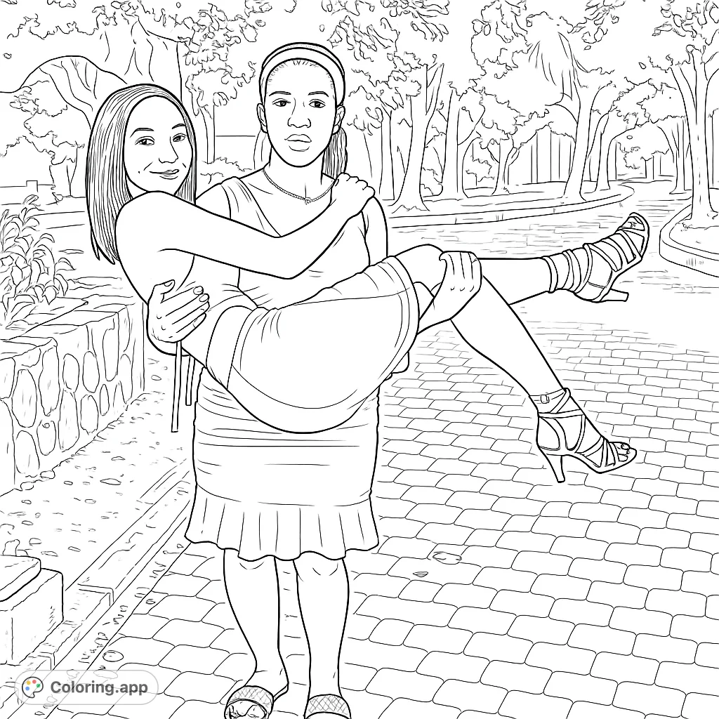 A heartwarming friendship scene featuring two women, one carrying the other, set outdoors. Perfect for celebrating bonds and creativity.